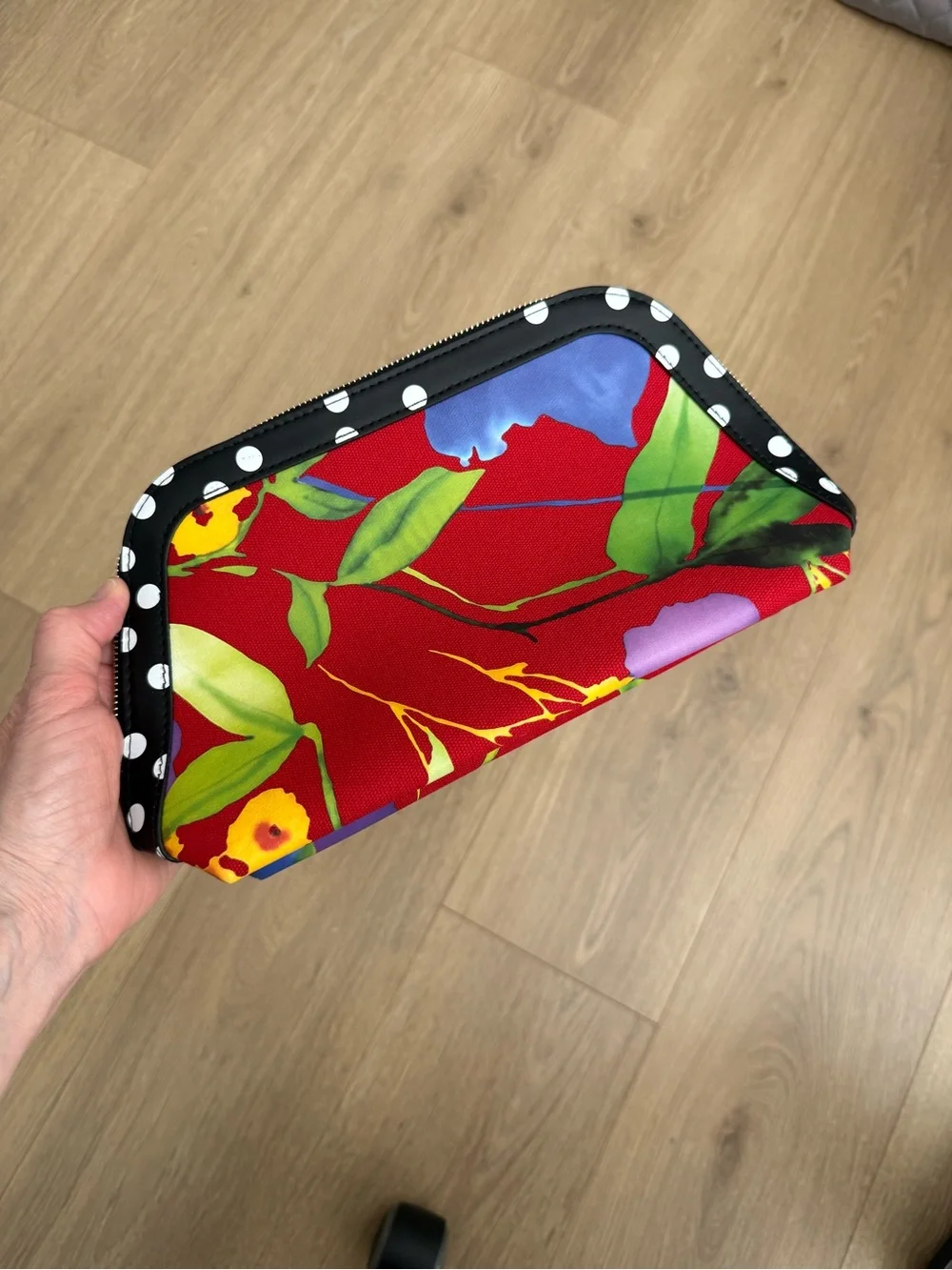 Carolina Herrera Red Floral Cosmetic Pouch with Polka-Dot Trim